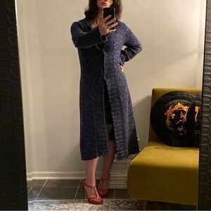 Vintage Express Navy Blue Merino Wool Long Cardigan Sweater Size Small